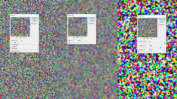 2._Creating_grain._Lots_of_noise,_then_Gaussian_blur_one_pixel,_then_lots_(and_lots)_of_unsharp_mask