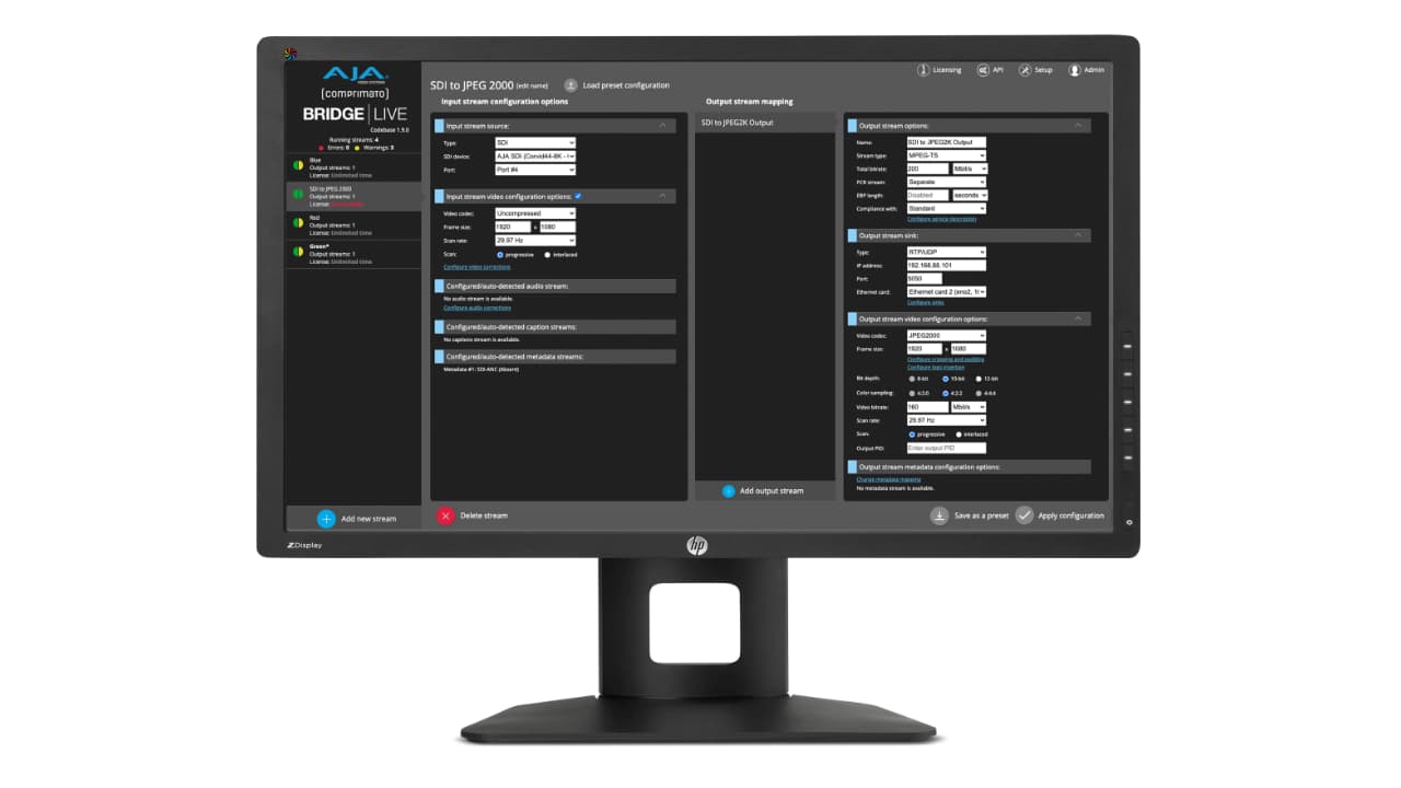 AJA Bridge LIVE UI in HP z24x monitor