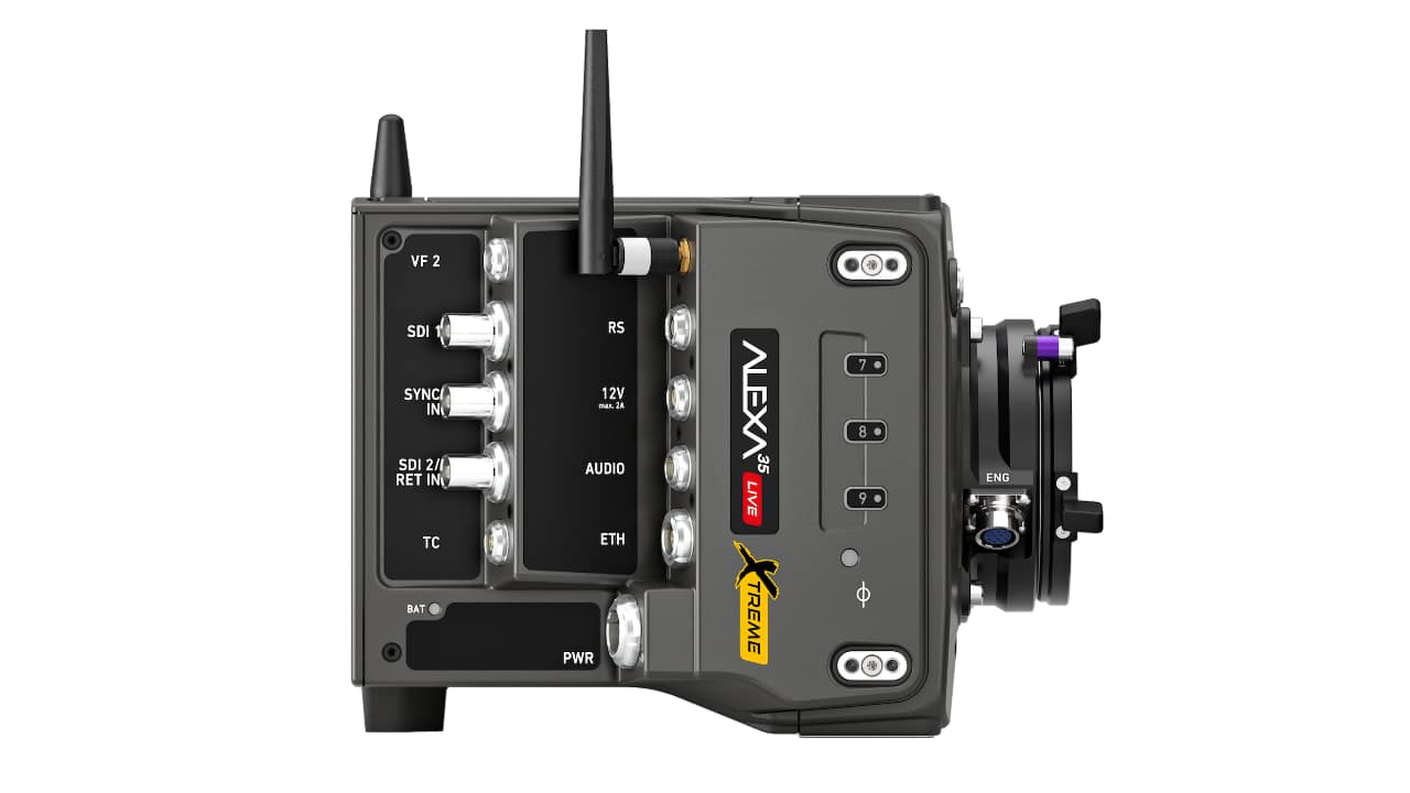 ALEXA 35 Live Xtreme camera body showing multiple connections for broadcast use