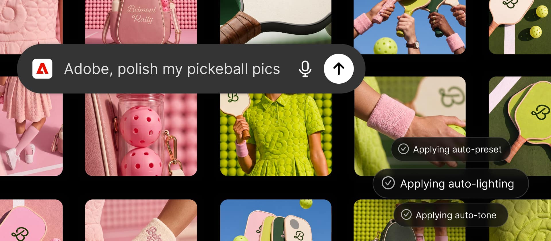 Instagram-style grid of a Belmont Rally pickleball campaign shoot showing a model in a green quilted dress holding a paddle against a tennis-ball backdrop, styled as social media post previews.