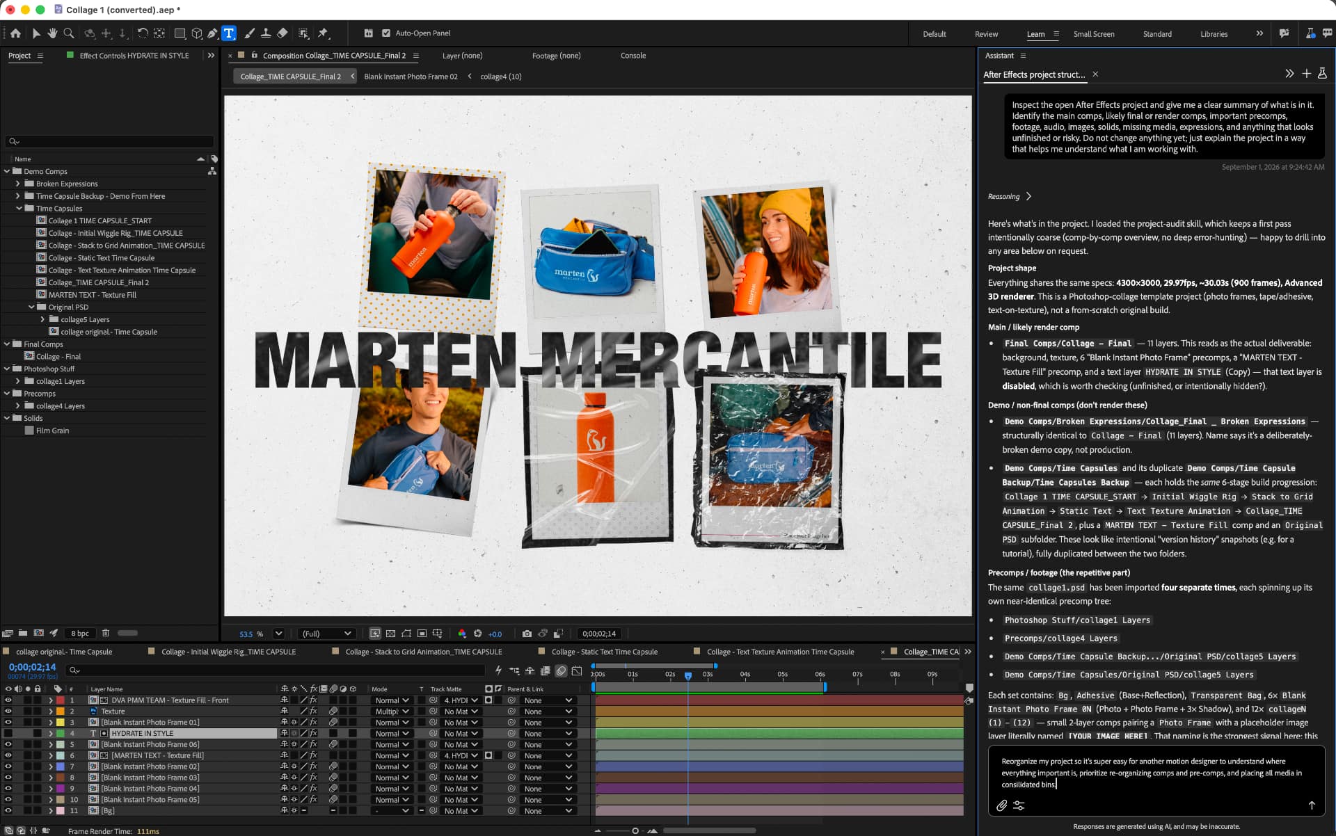 Adobe After Effects AI Assistant panel analyzing a project's comps and layers