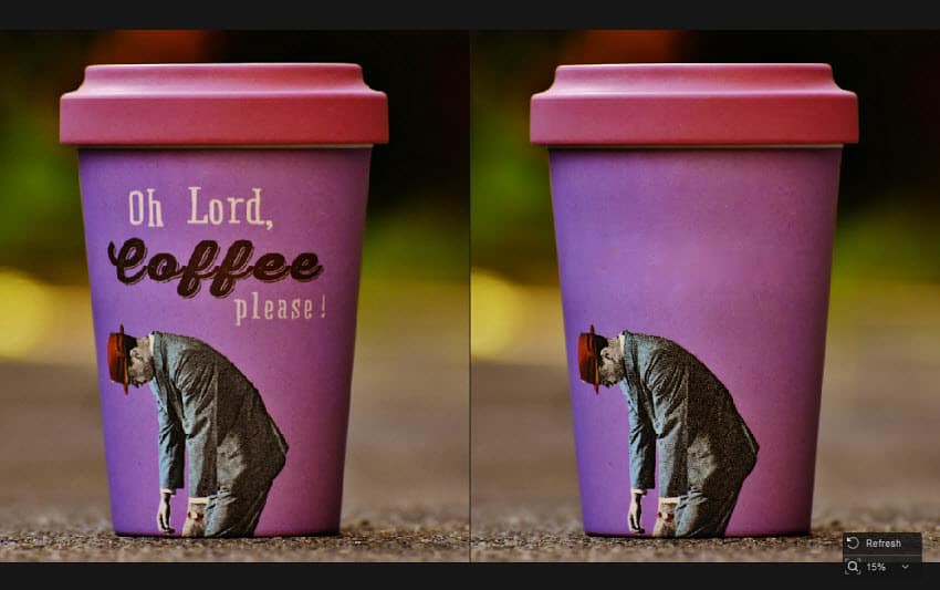Aiarty Image Enhancer object removal comparison on a purple coffee cup with the printed slogan erased on the right