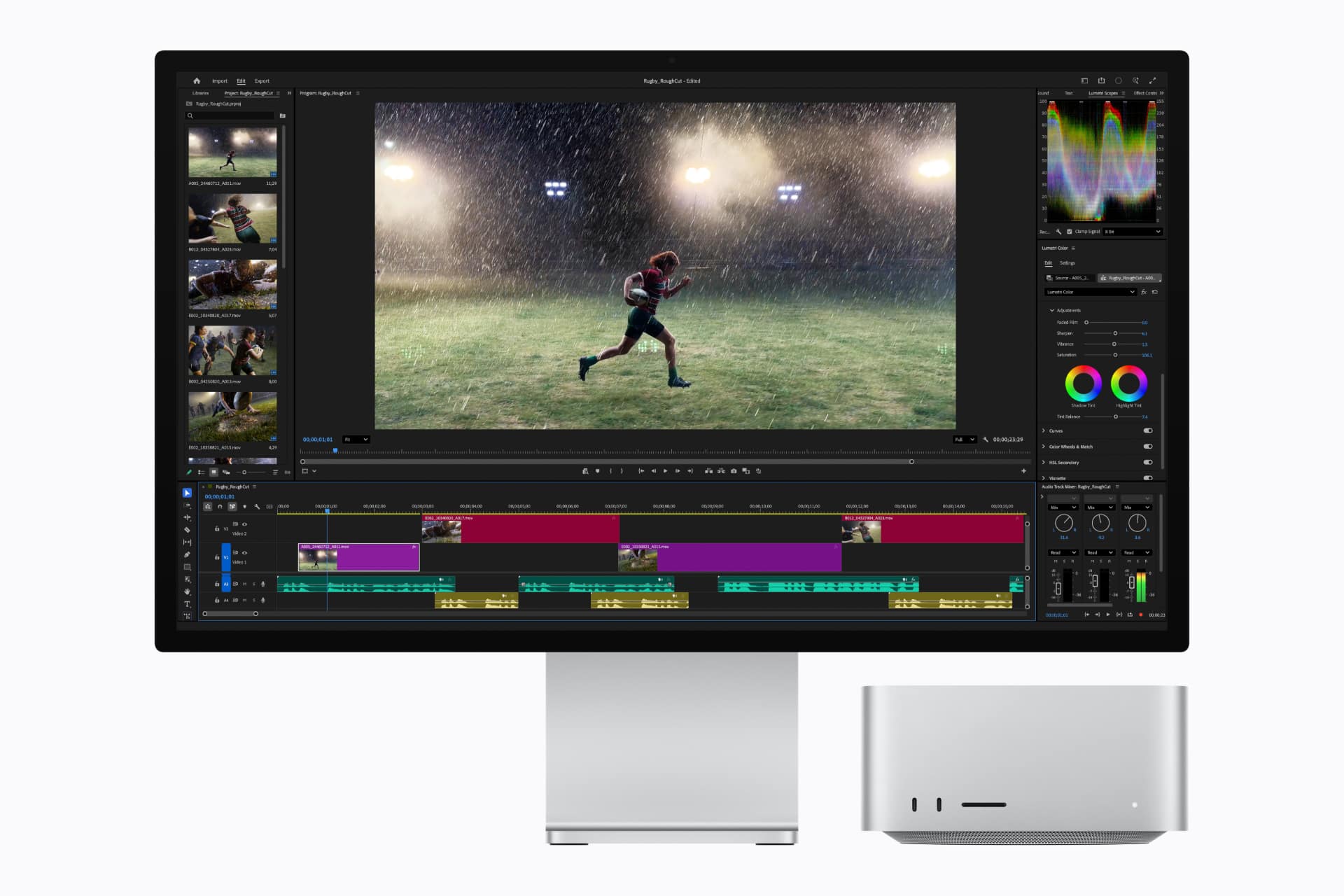 Mac Studio M5 Max driving Adobe Premiere Pro color grading on a rugby night-match sequence