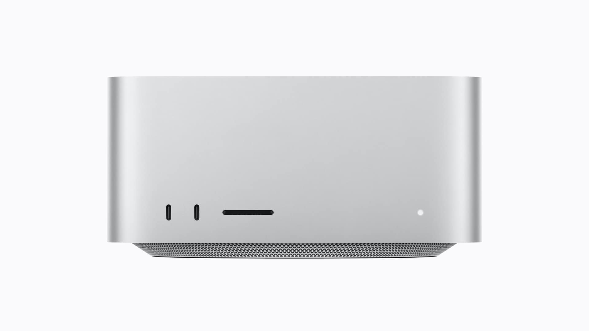 Mac Studio front panel with two USB-C ports, headphone jack slot and power indicator LED
