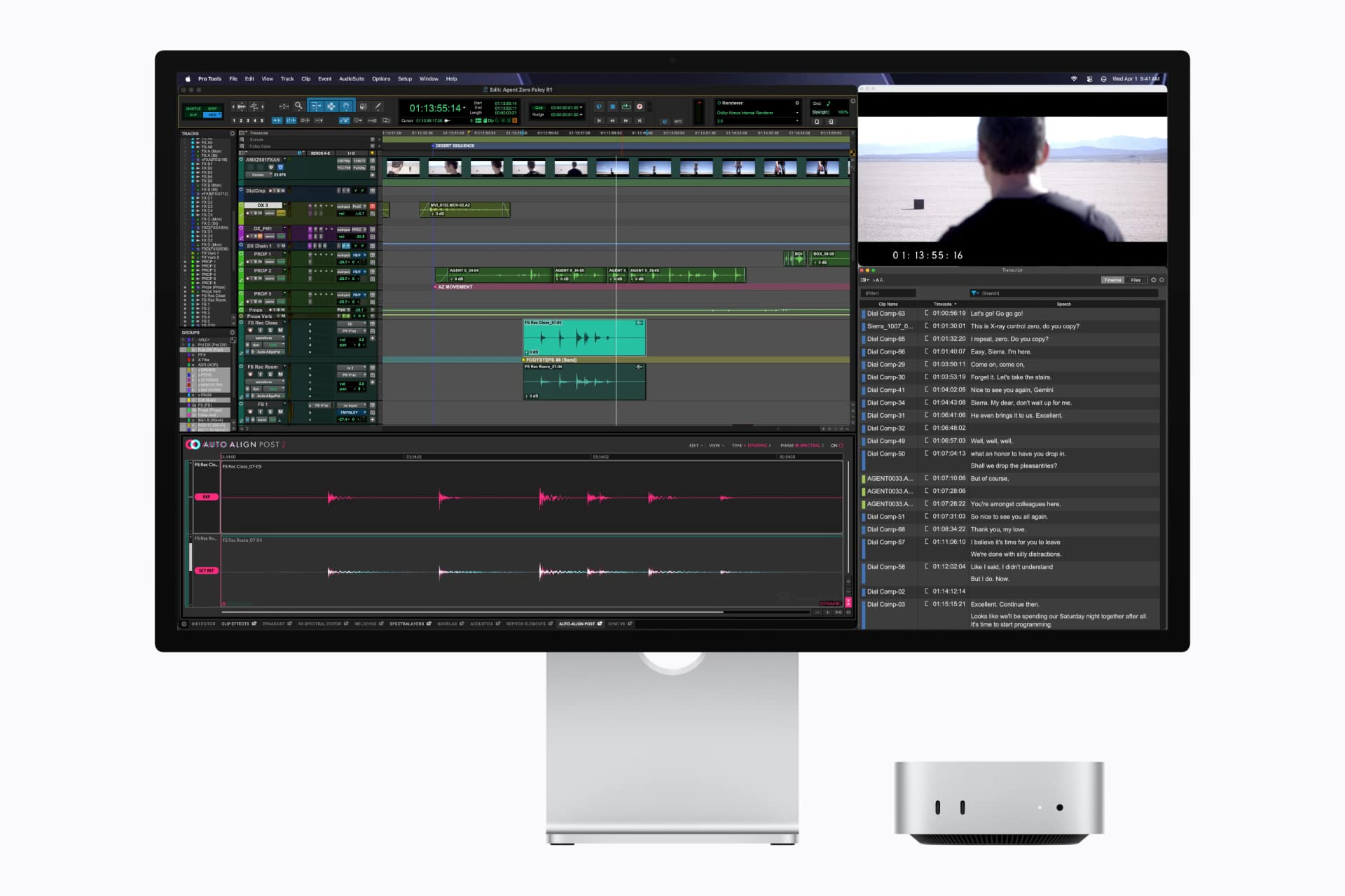 Mac mini M5 Pro running Avid Pro Tools with Auto-Align Post and a synced video preview and transcript panel