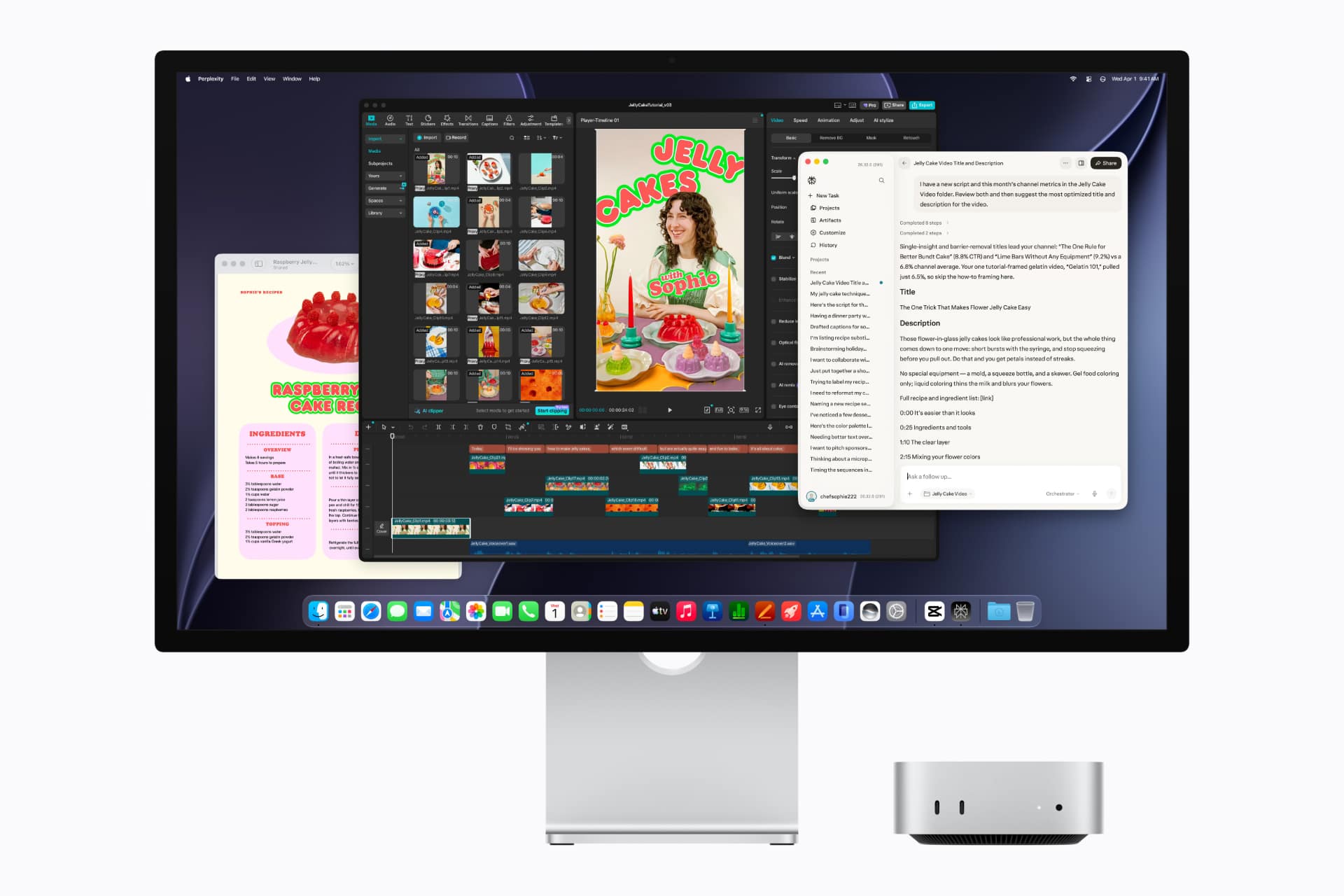 Mac mini M6 running a video editing app alongside an agentic AI assistant panel drafting a title and description