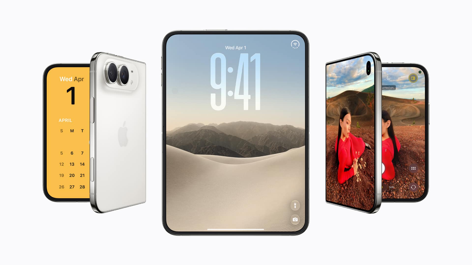 Apple iPhone Duo in three views: white rear with dual camera, open inner display, and camera app on the outer screen