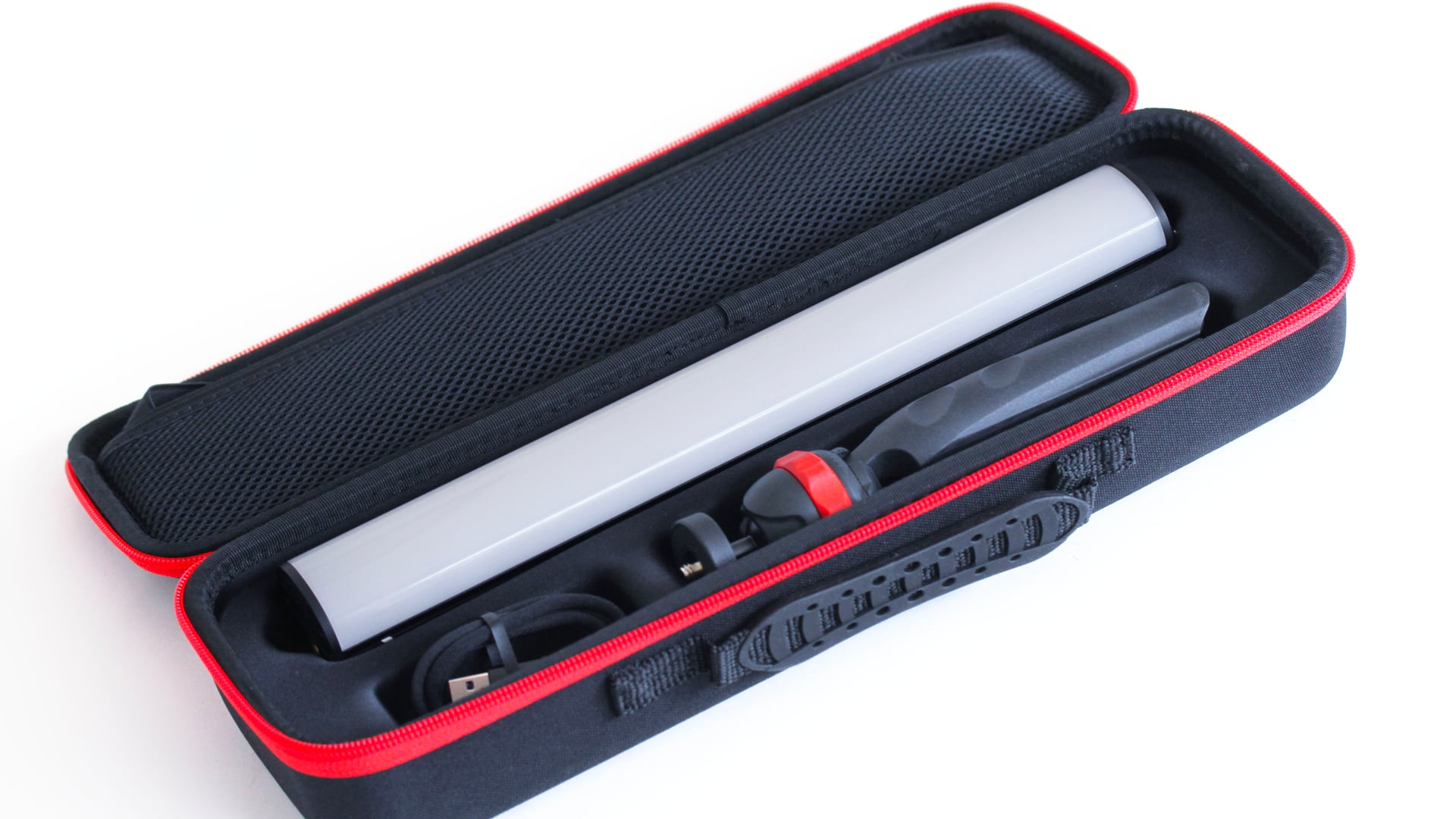 As supplied in zip case with tripod mount and the usual pre-bent power cable