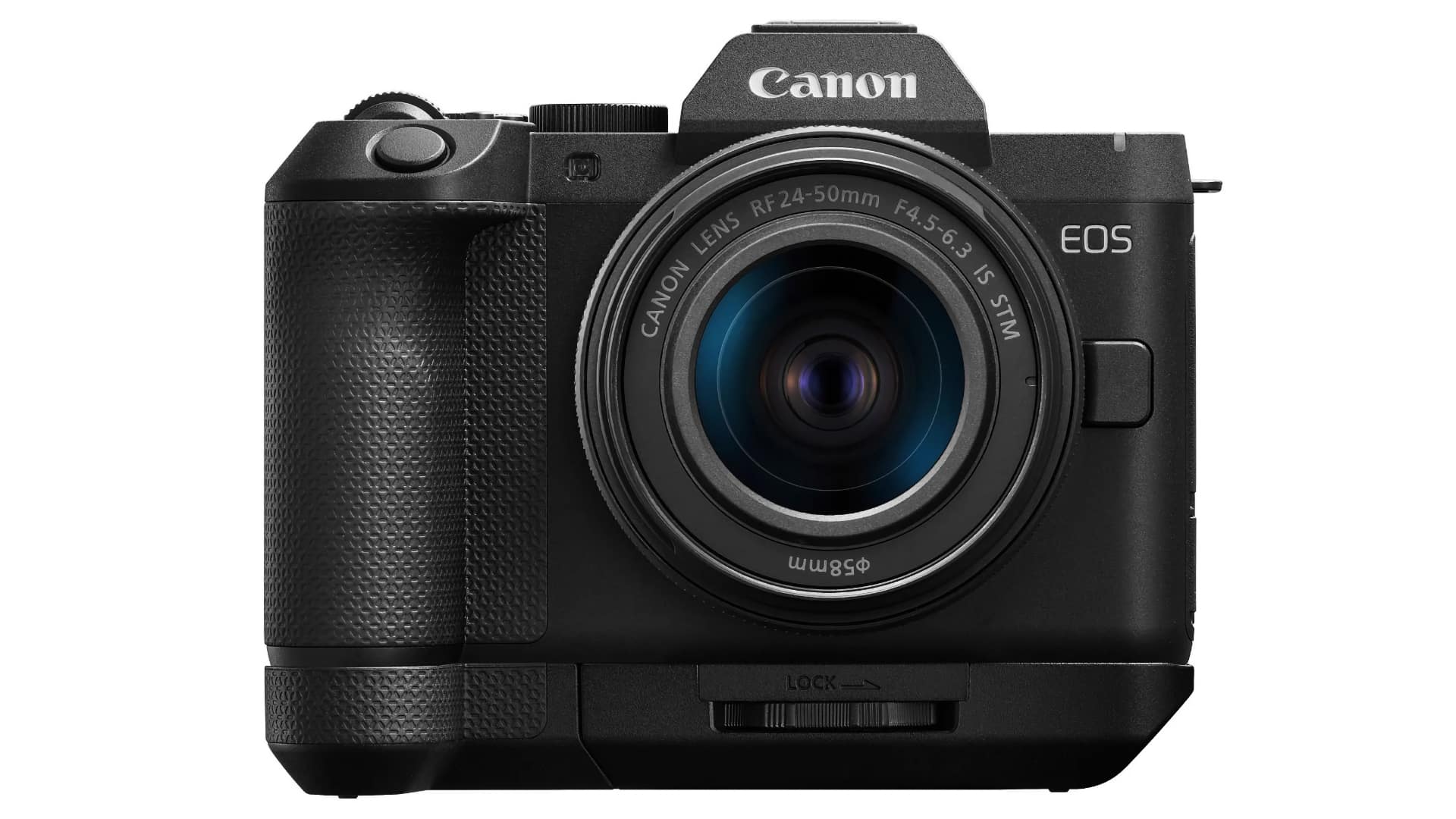 Canon EOS R8 Mark II with RF 24-50mm F4.5-6.3 IS STM lens and EG-E2 Extension Grip attached below