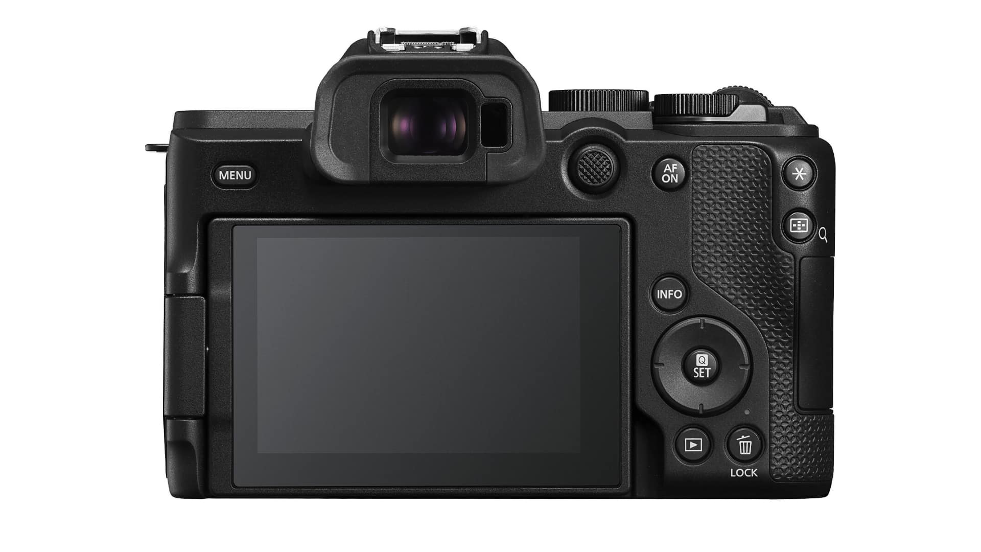 Rear view of the Canon EOS R8 Mark II showing the viewfinder, LCD screen and AF joystick