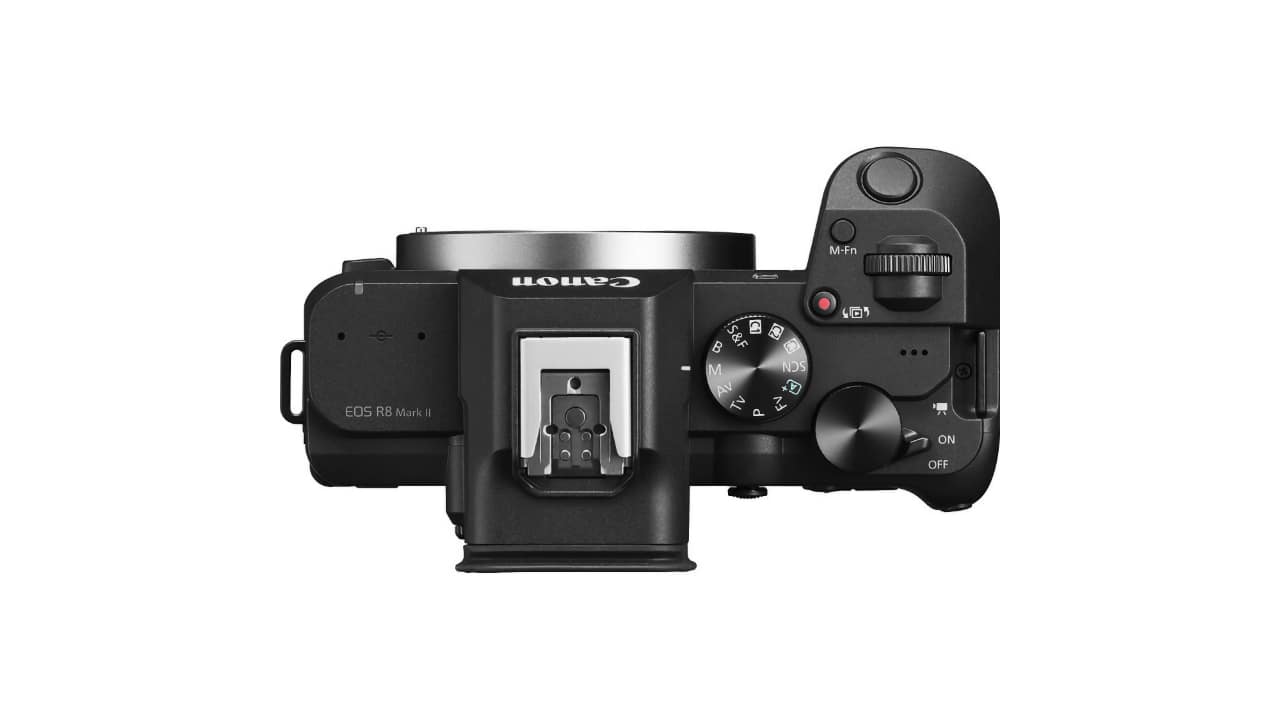 Top-down view of the Canon EOS R8 Mark II showing the mode dial, shutter button and hot shoe