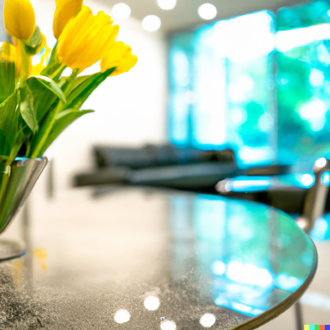 DALL·E 2022-08-11 09.40.10 - A vase of yellow tulips on a chrome coloured coffee table in a mid-century-modern living room with marble flooring and a vast garden visible through s