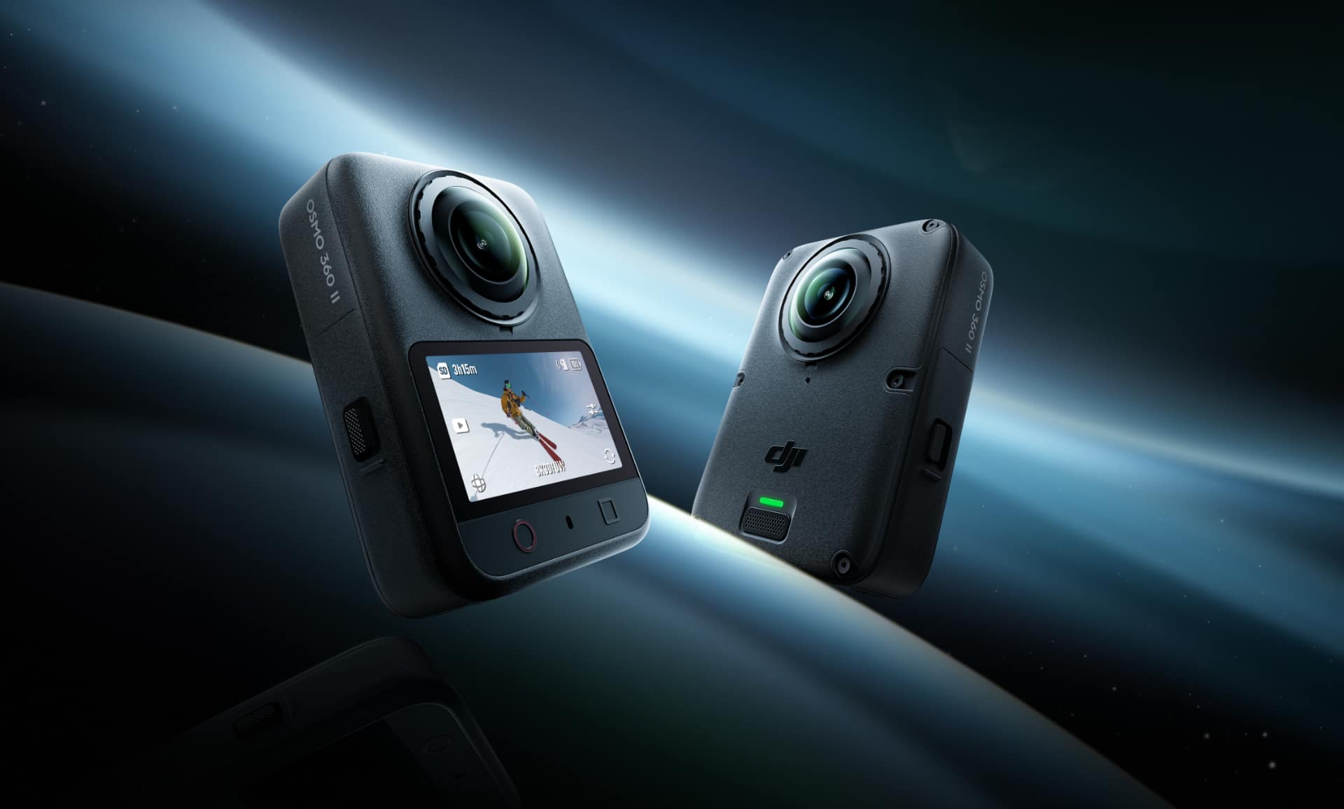 DJI Osmo 360 II cameras shown front and rear against an abstract blue background, ski footage on the touchscreen