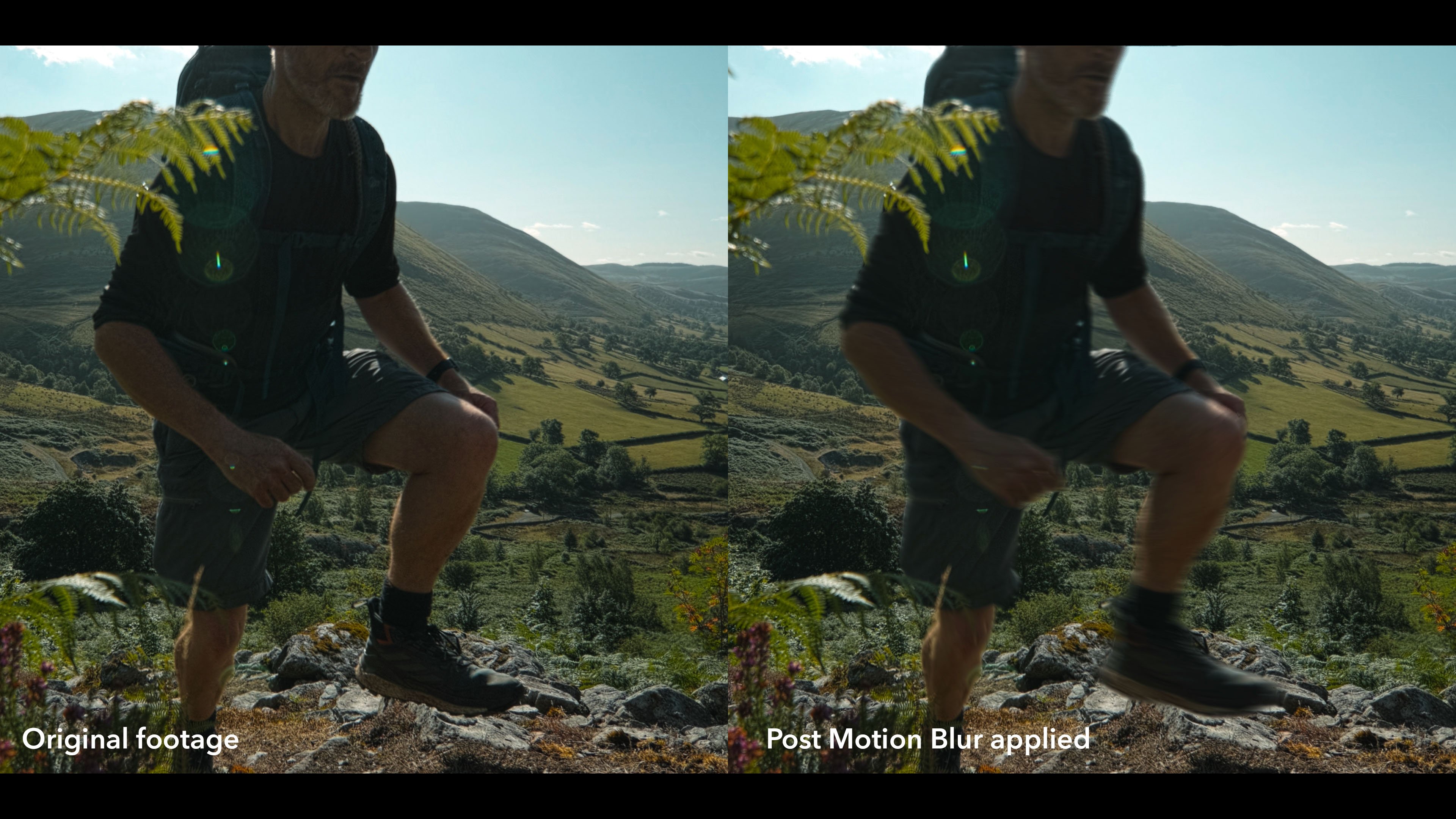 Split-screen comparison showing footage from the GoPro Mission 1 Pro ILS before and after motion blur added in DaVinci Resolve