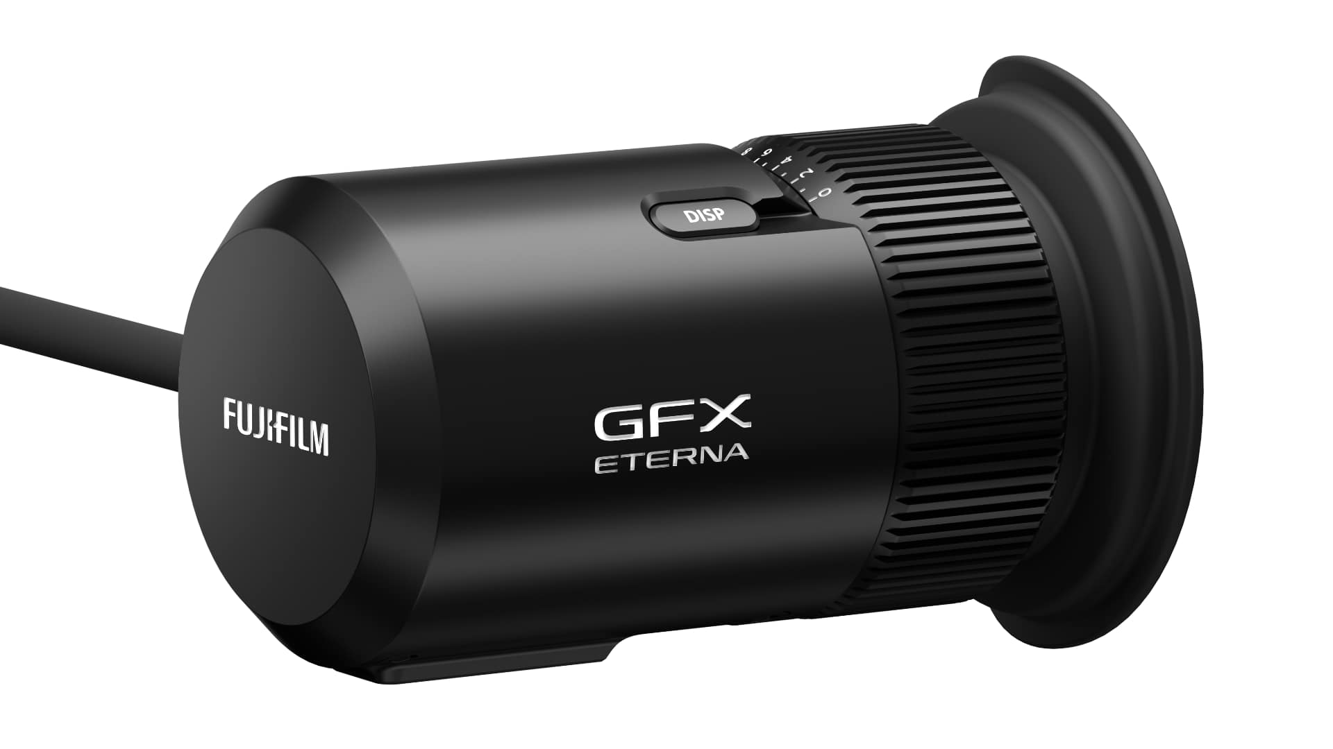 Fujifilm VF-GFXC2 electronic viewfinder side view showing diopter dial, DISP button and eyecup