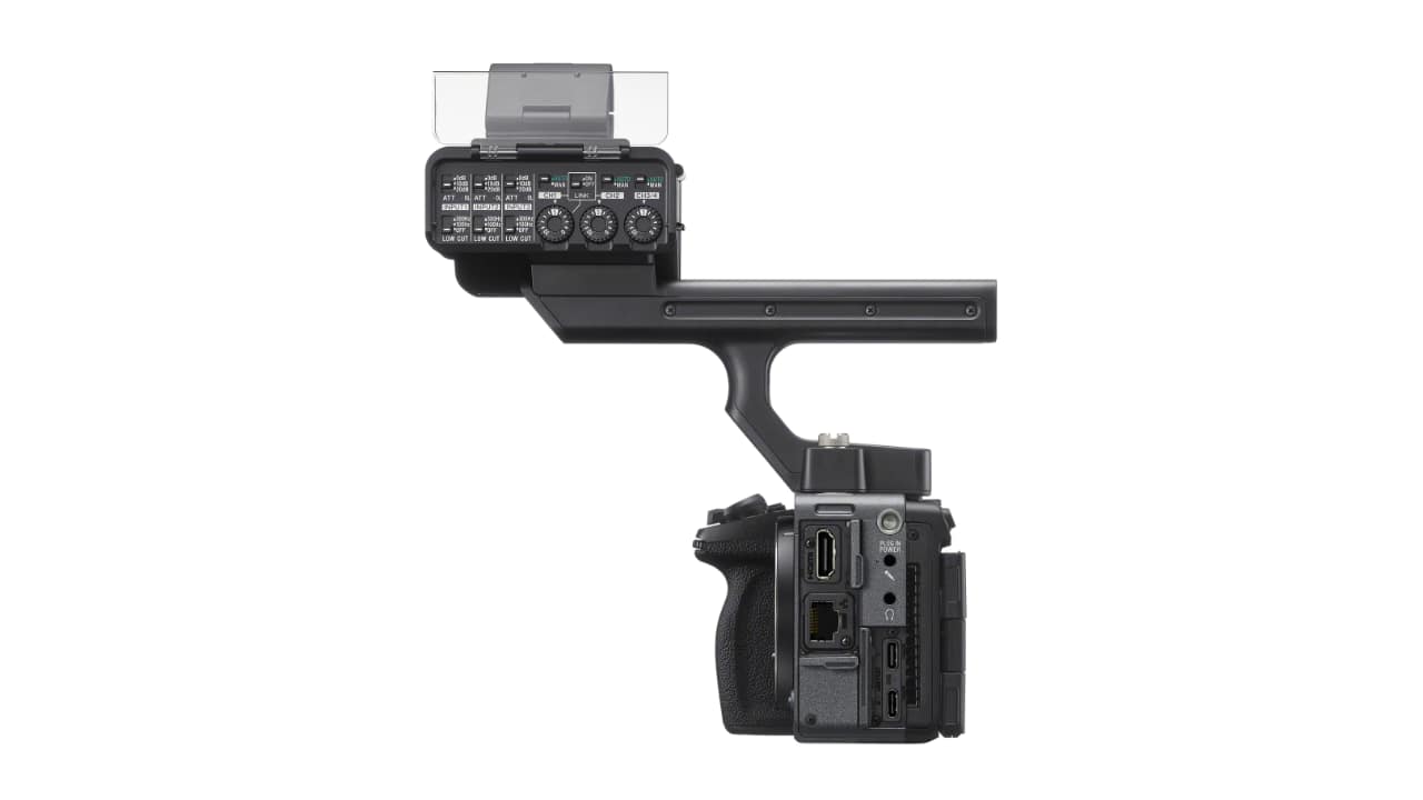 Sony FX5 fitted with the XLR-H2 handle unit showing audio gain and low-cut controls