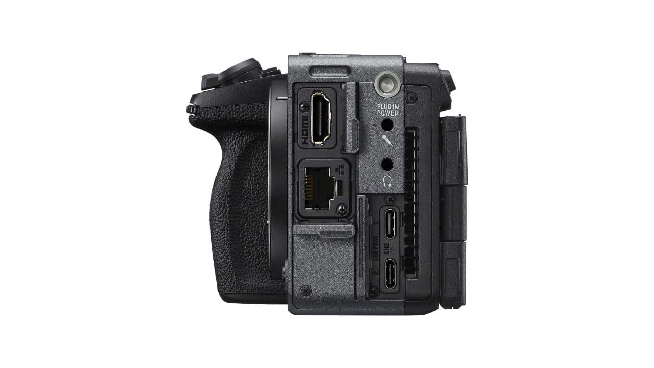 Sony FX5 side panel showing HDMI, Ethernet, headphone jack and two USB-C ports