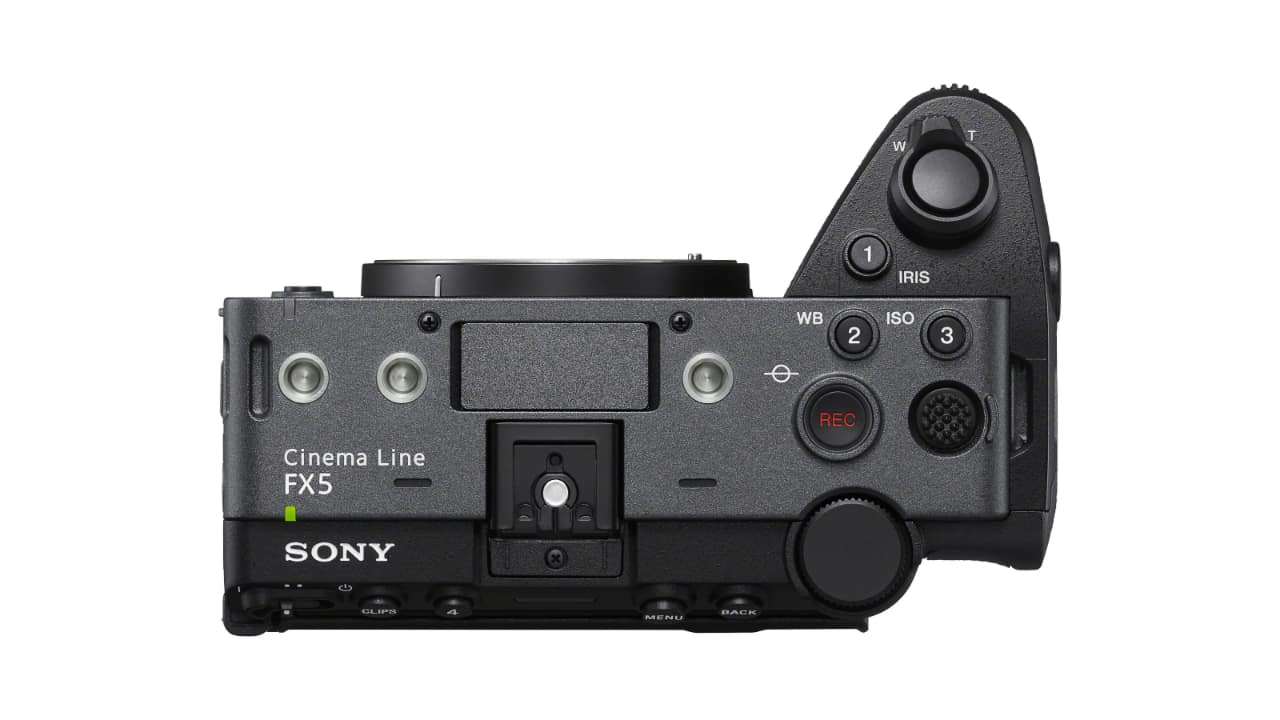Sony FX5 top plate showing Cinema Line branding, zoom rocker, REC button and ISO/WB dials