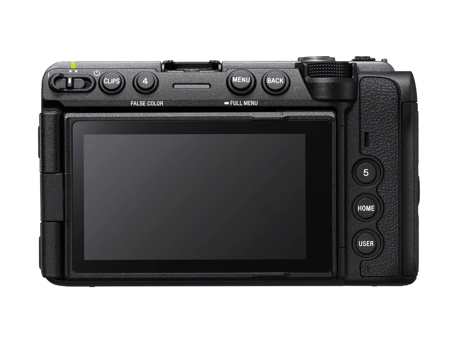 Sony FX5 rear panel with tilting LCD screen, False Color button and Home/User controls
