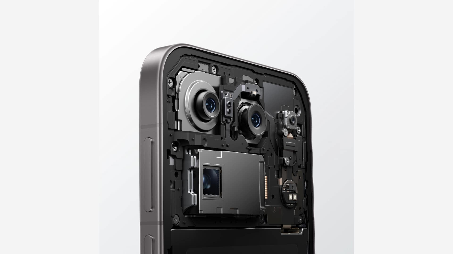 OPPO Find X10 Pro Max cutaway render showing the rear camera modules and internal components inside its grey frame