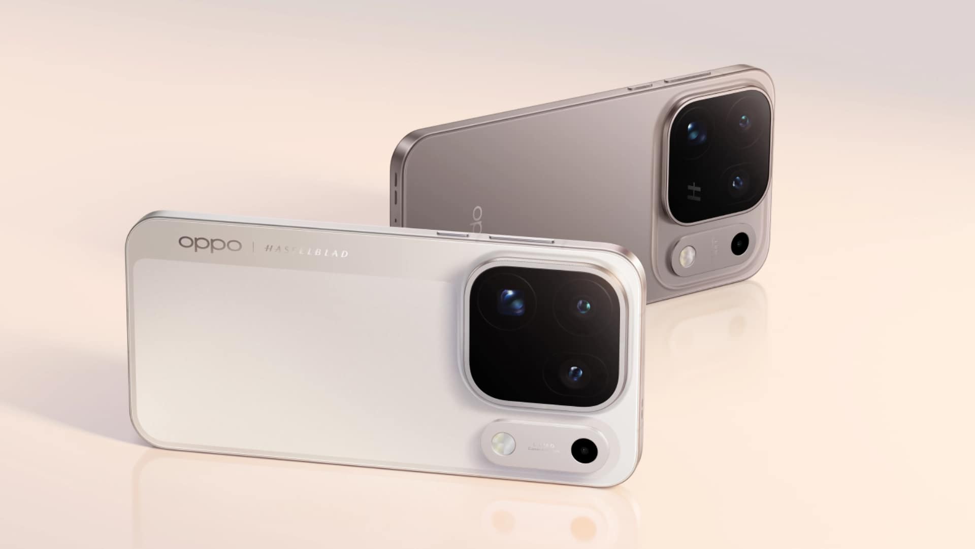 OPPO Find X10 Pro Max in white and grey, rear view showing the three-lens camera island and OPPO Hasselblad branding