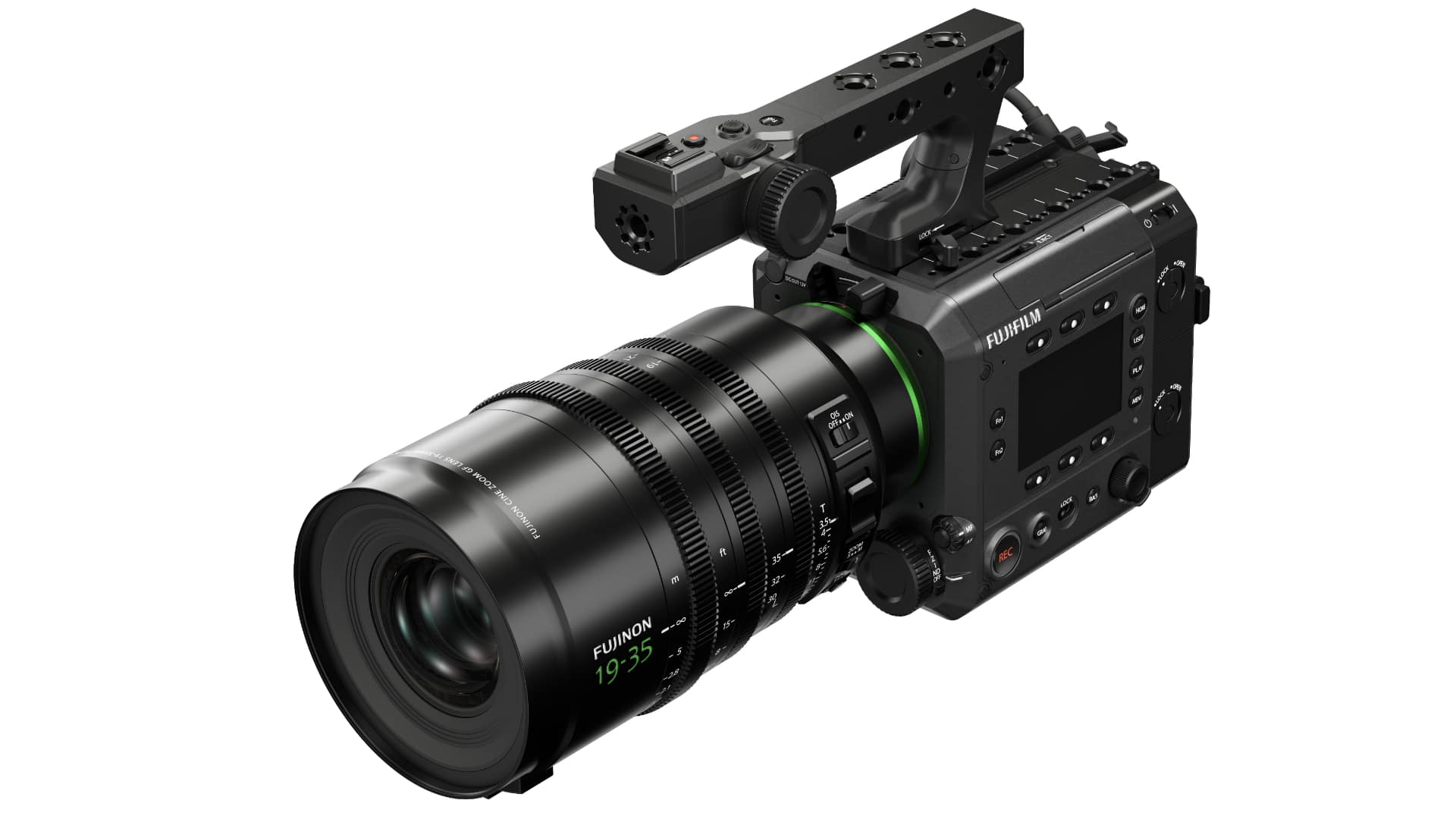 FUJINON GF19-35mm T3.5 mounted on a FUJIFILM GFX ETERNA 55 camera with top handle attached