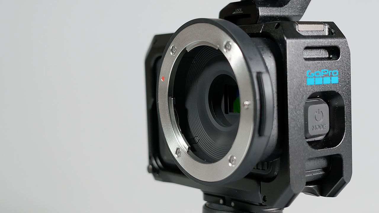 GoPro Mission 1 Pro ILS front-on with lens removed, showing the empty Micro Four Thirds mount and sensor