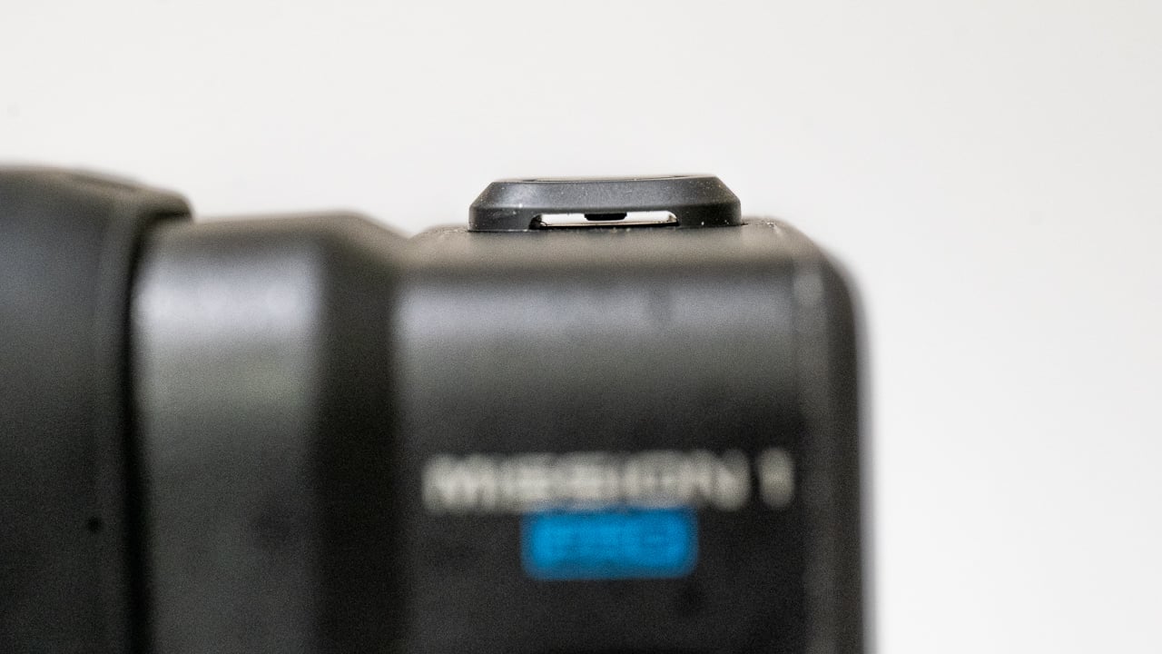GoPro Mission 1 Pro power and record buttons with pressure-equalising gap for 20 m waterproofing depth