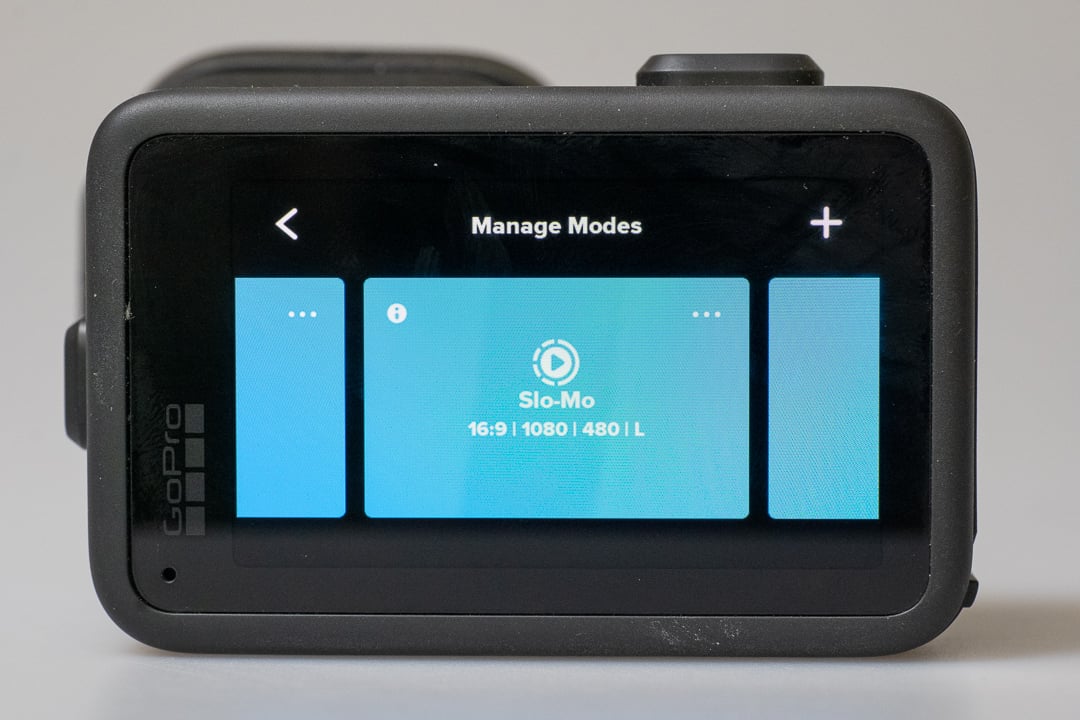 GoPro Mission 1 Pro touchscreen mode selection interface showing customisable preset list