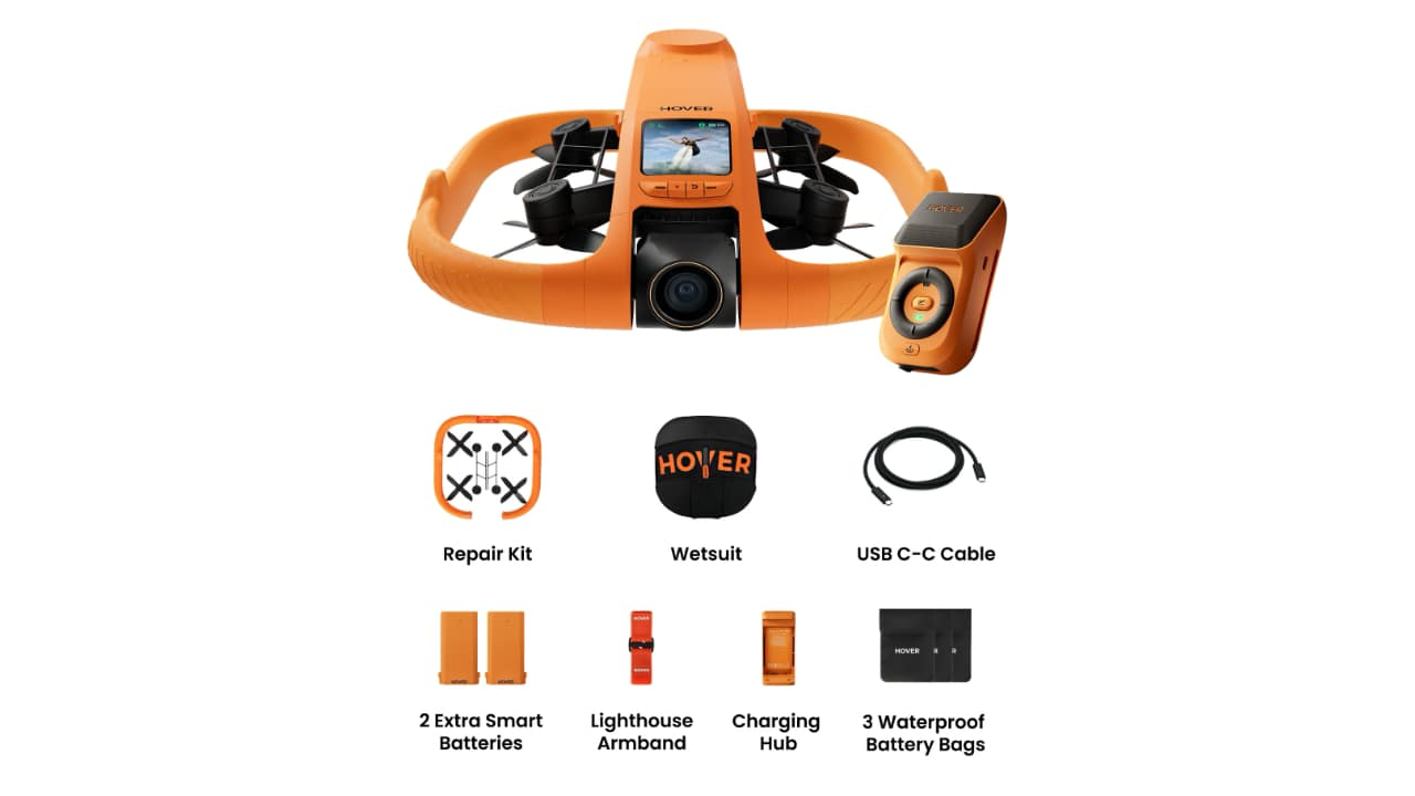 HOVERAir AQUA drone and Lighthouse controller with Fly More Combo accessories including repair kit, wetsuit, charging hub, two extra batteries, and three waterproof battery bags