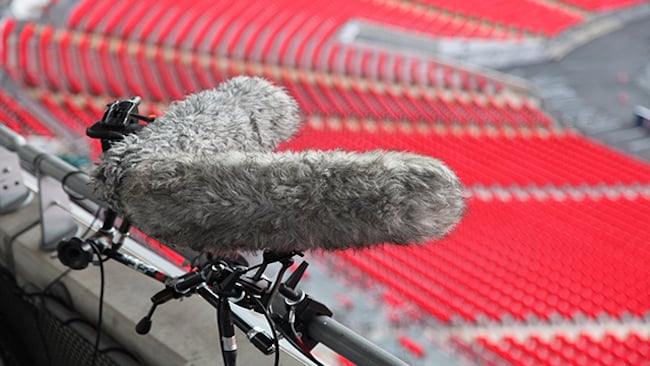 Mics at a sports ground during Atmos testing for live broadcast Dolby