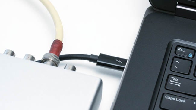 12G SDI with 2160p images feeds the Io 4K Plus, which is connected to the laptop via Thunderbolt 3