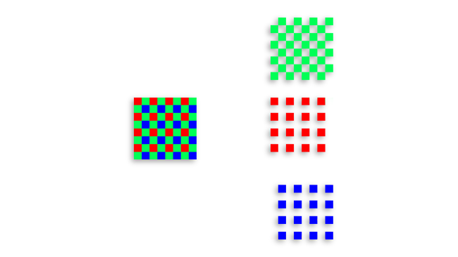 A single-chip colour camera has red, green and blue filters on its sensor. This results in different spacing for the red and blue filters as compared to the green