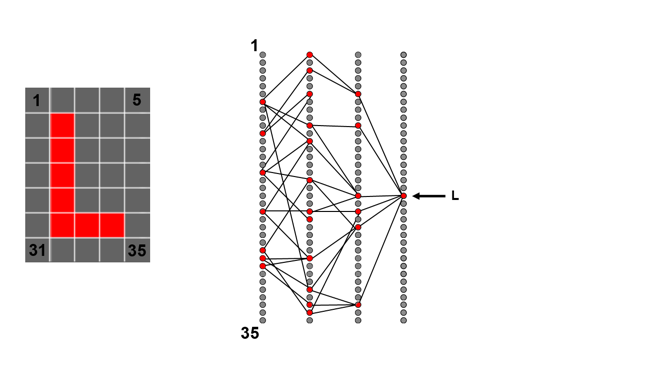 After lots of training, appropriate weights are set up such that the network can reliably recognise lots of characters