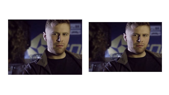 At left, a conventional standard definition image. At right, the same image as stored in an 525-line video file. Even 4 by 3 is amorphic_1 