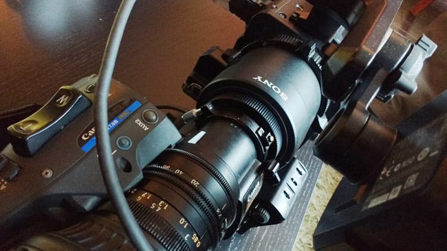 B4-mount broadcast lenses, shown  here adapted onto a Sony F55, have relay lenses which facilitate adjustable  back focus 