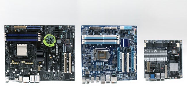 Common motherboard sizes. L-R -  ATX, Micro-ATX, Mini-ITX. The widest board is about a foot across 