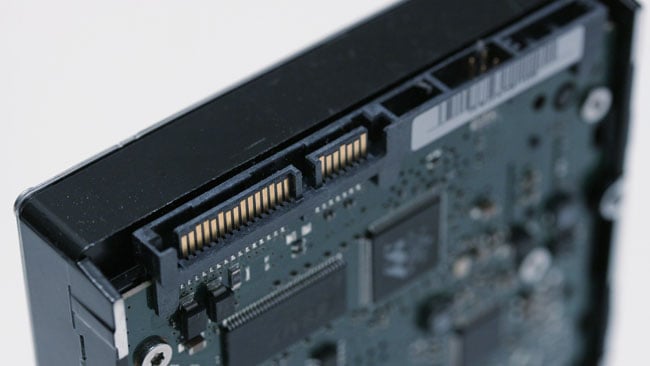 Connectors on a SATA disk. he right hand, smaller connector is for data_ the longer left hand one is for power. Modern power supplies will have SATA power connectors