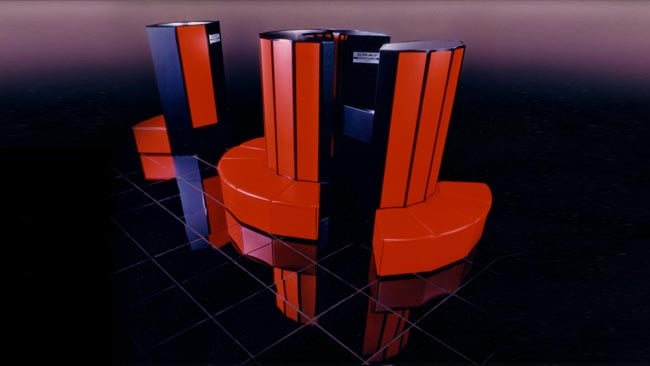 Cray X-MP supercomputer, early 80s. The famous Cray towers were, in fact, highly parallel processors. Presumably courtesy Cray, it looks like advertising