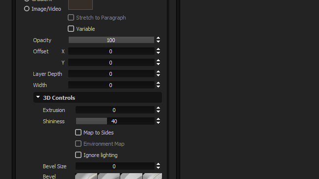 Effect and filter controls are conventional - here we see settings controlling the surface attributes of extruded 3D text