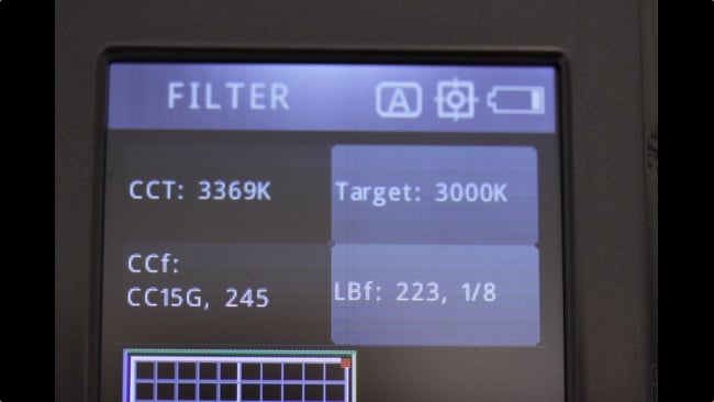 Filter calculations. Here the CV600  recommends a very small correction to move this tungsten-balanced LED  closer to an ideal 3000K source 