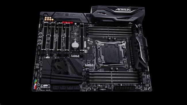 Gigabyte AORUS X299 motherboard.  Impressive technology, though essentially it's a big circuit board you plug  everything into 