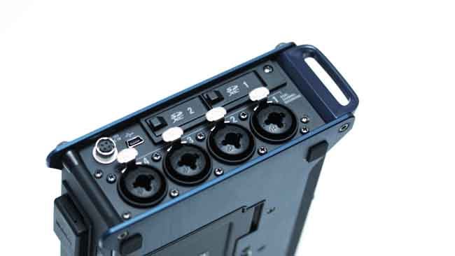 Left hand hend, with inputs 1-4, Hirose power input and USB connectors, along with the SD card bays