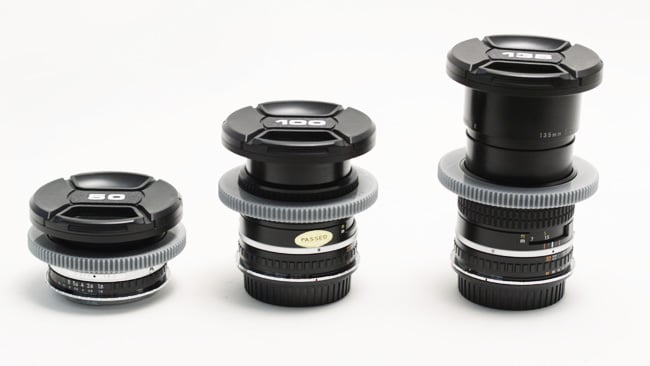 Lenses generally get longer with increasing focal length. Here stills lenses. L-R, the Nikon Series E 50mm, 100mm and 135mm