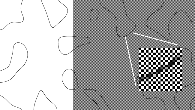 moiré is a product of aliasing. Superimposing the checkerboard pattern over a set of curves reveals aliasing