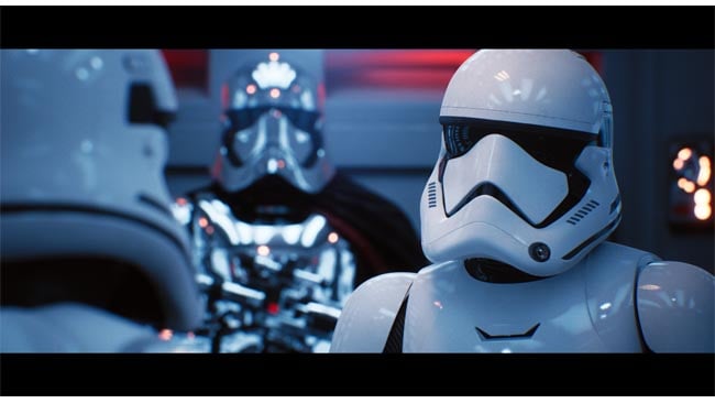 Nvidia's RTX technology, here running on an extremely high-end system, uses at least some raytracing to produce a Star Wars-themed scene. Courtesy Nvidia.JPG