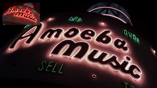 On a completely different sort of shot, the same perfectly good LUT does nothing useful - it just sucks the colour out of the neon sign. Again, inset is original colour