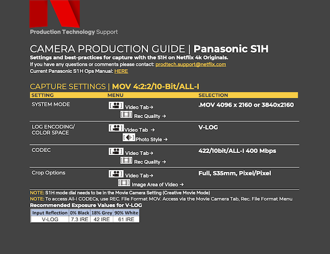 These are the Netflix Panasonic Lumix DC-S1H camera settings recommendations