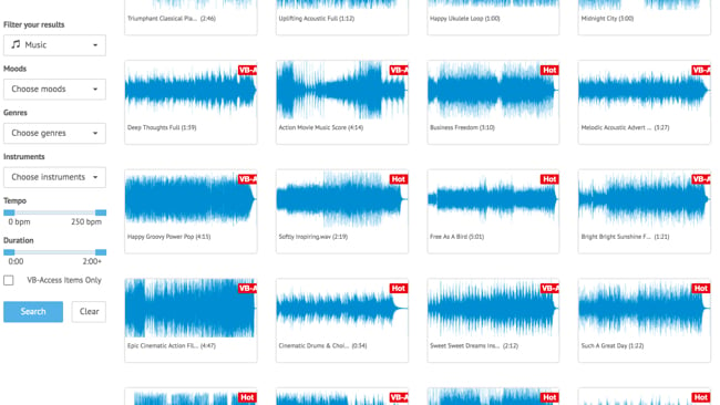 The Audioblocks UK showing waveform displays of clips available to download