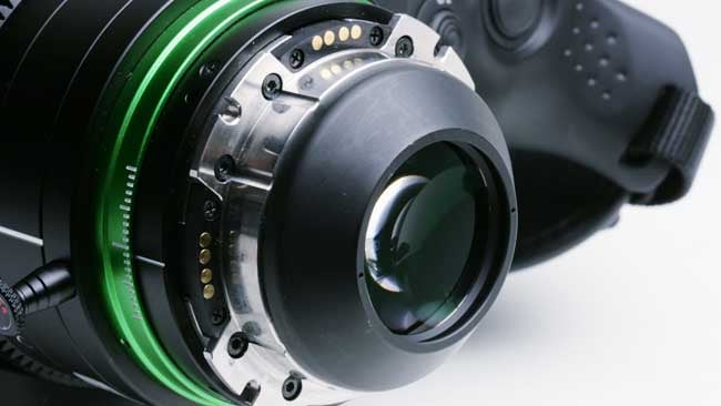 The PL mount, here on a Fujinon XK6x20, is sturdy, but has a very long flang focal distance. Notice the big black cone sticking out the back to place the rear element close to the sensor.JPG